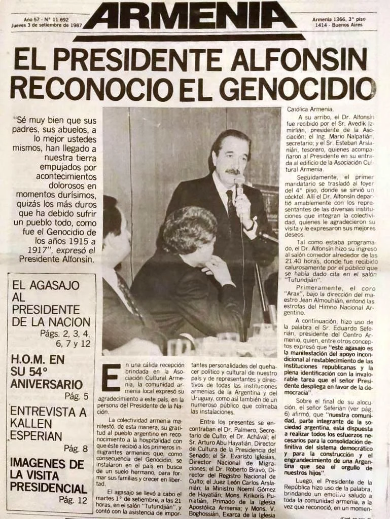 Tapa de Diario Armenia del 3 de septiembre de 1987, con la crónica del reconocimiento del Genocidio Armenio por el presidente Raúl Alfonsín.