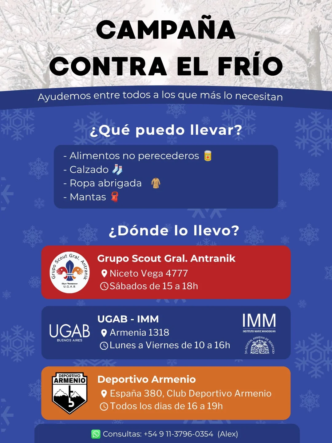 Pieza de difusión de la Campaña Solidaria de Invierno 2026 de UGAB Buenos Aires, el Grupo Scout General Antranik, el Instituto Marie Manoogian y Deportivo Armenio. Es un documento de una campaña pasada, no una convocatoria vigente.